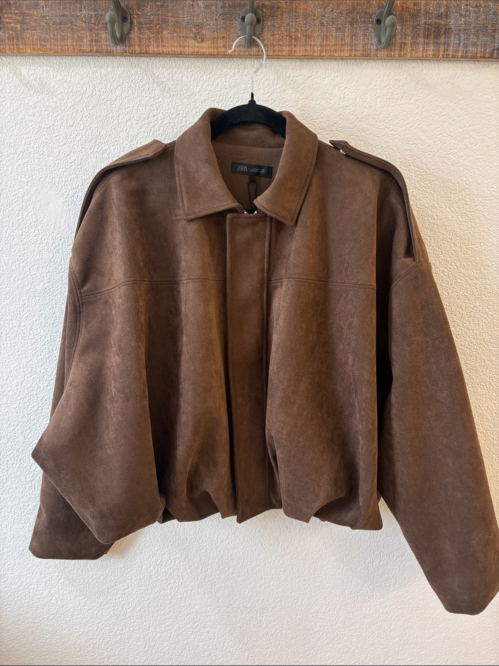 Zara Brown Suede Bubble-Hem Bomber Jacket
